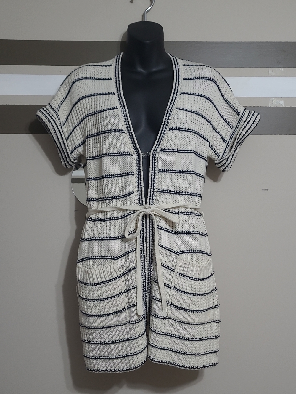 Devoted Off-White & Navy Striped Knit Hook & Eye Tie-Waist Ovrszd Cardigan Sz XS